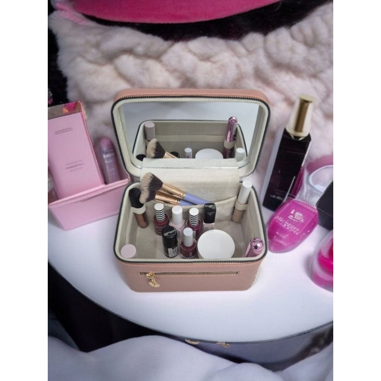 Aynalı Makyaj ve Takı Düzenleme Çantası - Fermuarlı Taşıma Kutusu