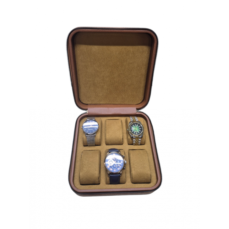 Ahşap Kasa 6’lı Saat Kutusu | 20×20×7 cm | Kadife İç Yüzey, Fermuarlı Saat Saklama Kutusu