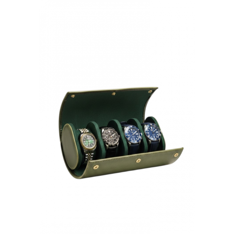 4’lü Deri Saat Kutusu Silindir Tasarım Taşınabilir Saat Saklama Organizer 24x11x7 cm (Haki)