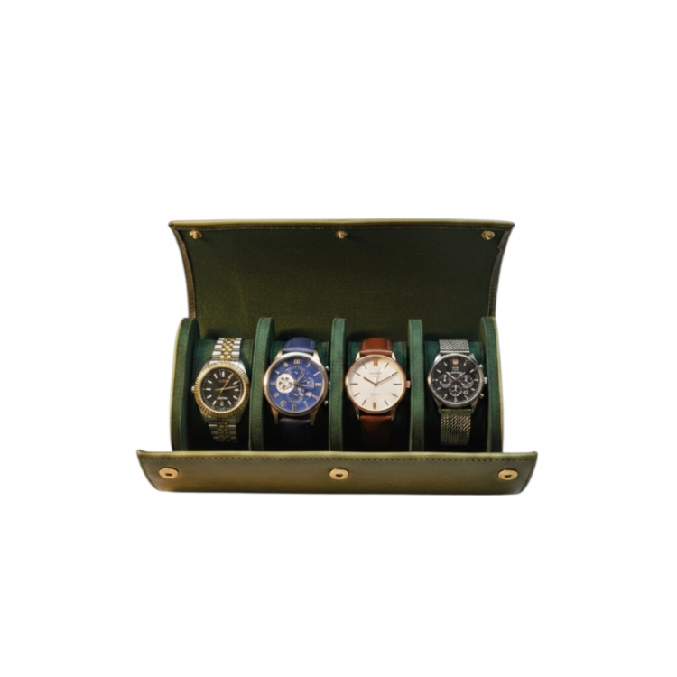 4’lü Deri Saat Kutusu Silindir Tasarım Taşınabilir Saat Saklama Organizer 24x11x7 cm (Haki)
