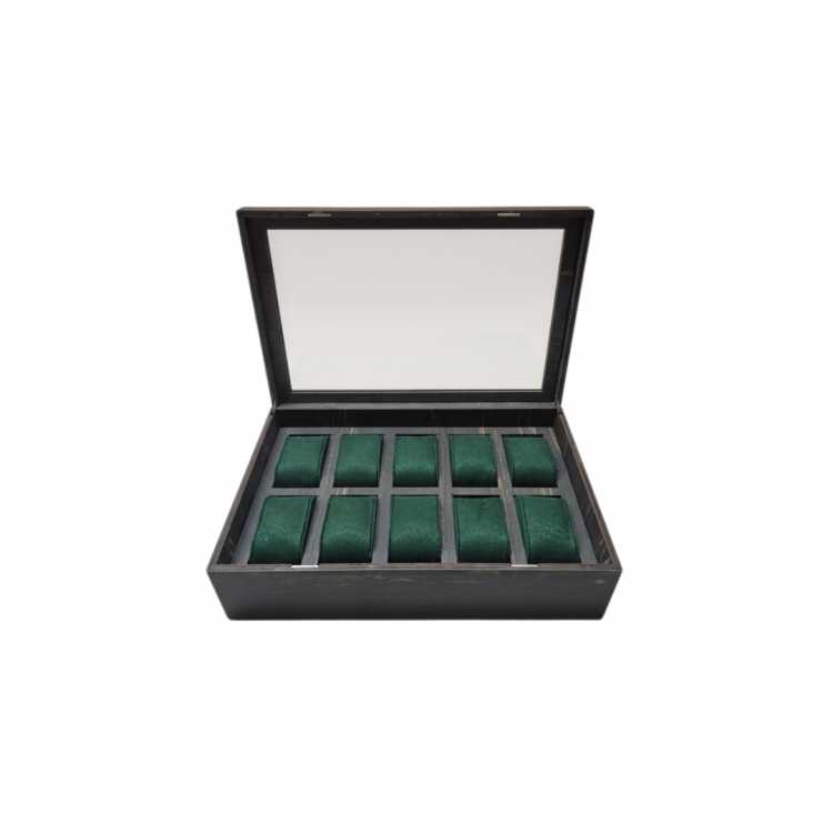 Koyu Ceviz MDF 10 Bölmeli Mıknatıs Kapaklı 31x21x9 cm Cam Kapaklı Saat Kutusu Organizer