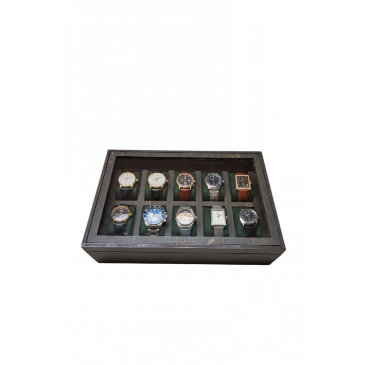 Koyu Ceviz MDF 10 Bölmeli Mıknatıs Kapaklı 31x21x9 cm Cam Kapaklı Saat Kutusu Organizer