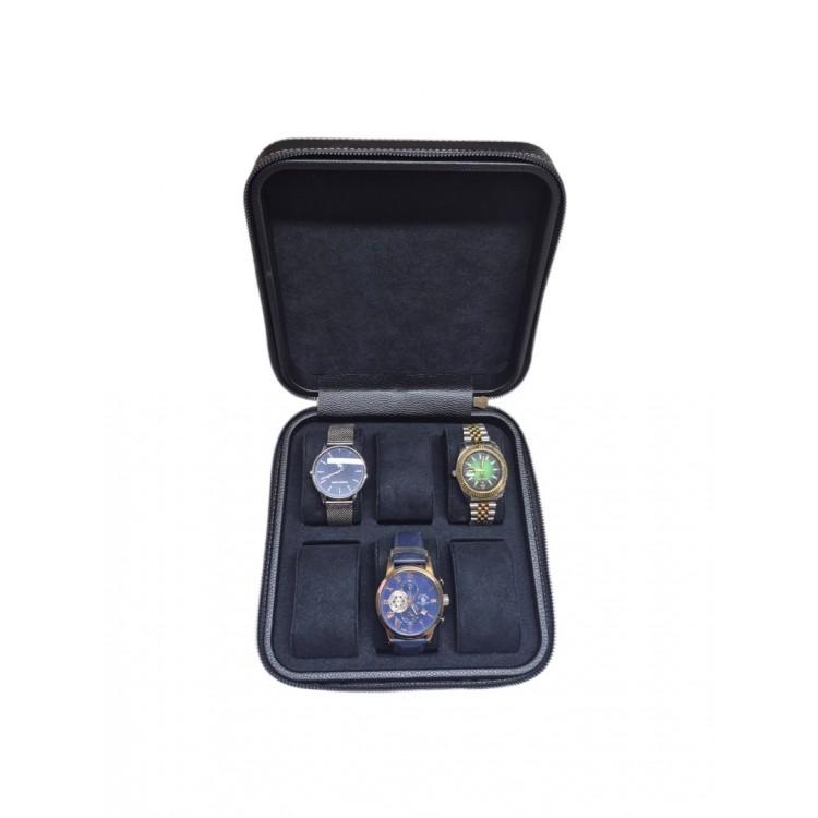 Ahşap Kasa 6’lı Saat Kutusu | 20×20×7 cm | Kadife İç Yüzey, Fermuarlı Saat Saklama Kutusu