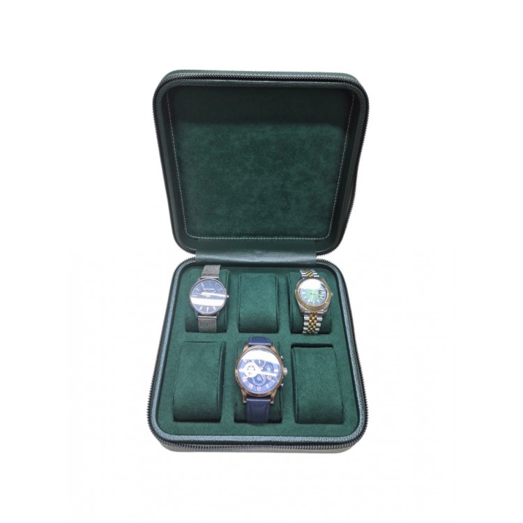 Ahşap Kasa 6’lı Saat Kutusu | 20×20×7 cm | Kadife İç Yüzey, Fermuarlı Saat Saklama Kutusu