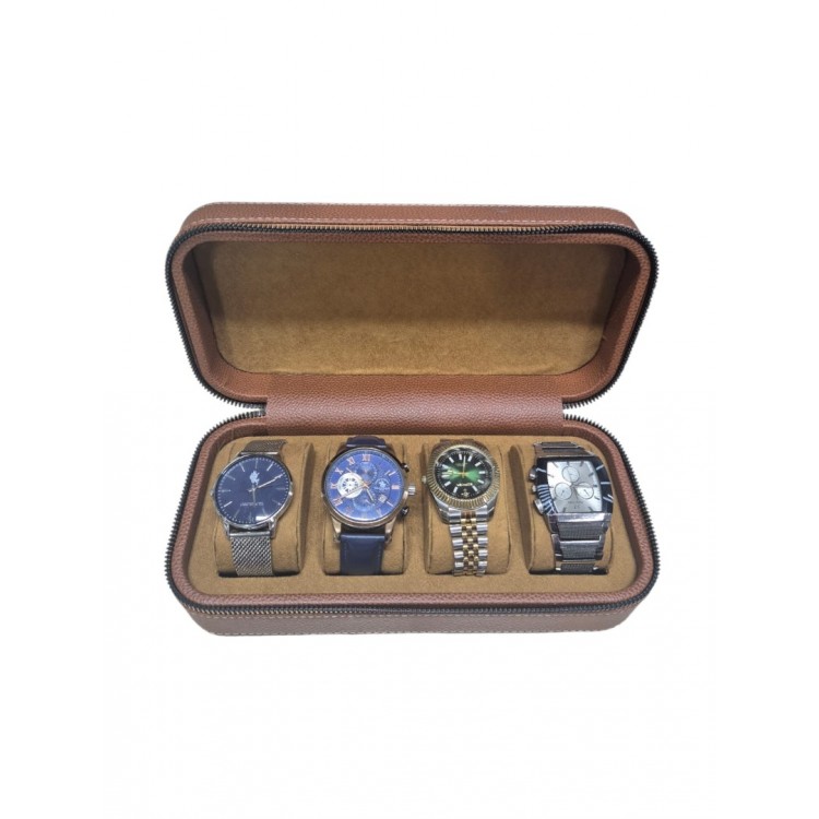 4’lü Saat Kutusu Fermuarlı – Suni Deri Lüks Saat Saklama ve Taşıma Çantası (Taba)