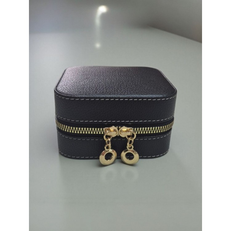 Şık Ahşap Deri Kaplama Saat Kutusu | 11×11×5 cm | Fermuarlı Takı & Saat Saklama Kutusu Siyah