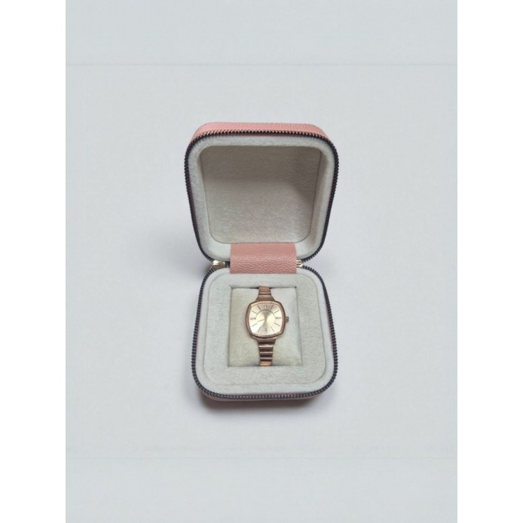 Şık Ahşap Deri Kaplama Saat Kutusu | 11×11×5 cm | Fermuarlı Takı & Saat Saklama Kutusu Pudra